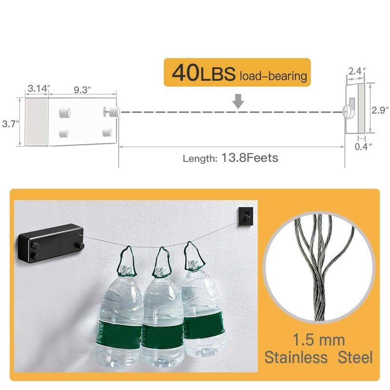 BESy Retractable Clothesline ABS case+Aluminum Dryer with Adjustable Stainless Steel Double Rope String Hotel Style Heavy Duty,Wall Mounted Method, 13.8 Feets,Black - Image 5